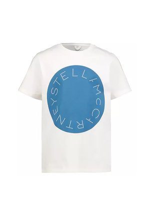 T-shirt in cotone bianco con una grande grafica circolare blu e il testo "STELLA McCARTNEY" disposto in punti bianchi lungo il bordo.