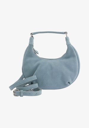 Borsa a tracolla in camoscio azzurro chiaro con forma arrotondata, chiusura a zip, manico corto e tracolla regolabile e staccabile. Texture liscia e hardware minimale.