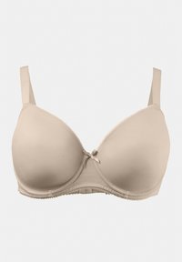 Seno beige imbottito con tessuto liscio, spalline regolabili, bordo in pizzo lungo i lati e un fiocco decorativo al centro davanti.