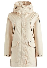 Beżowa, wodoodporna parka z kapturem, zamkiem błyskawicznym i bocznymi kieszeniami. Posiada czarną naszywkę z logo na rękawie oraz teksturowaną tkaninę.