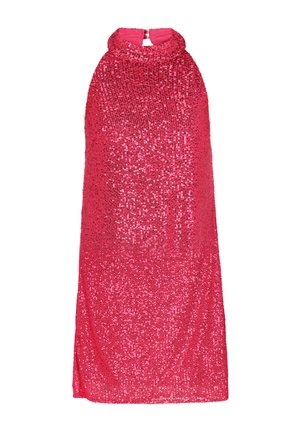 Rosa Pailletten-Kleid mit hohem Kragen, ärmellosem Design und Reißverschluss auf der Rückseite. Glatte Textur mit glänzendem Finish im gesamten Kleid.