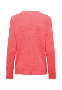 Coral knit sweater with long sleeves, rounded neckline, and textured fabric. Features ribbed cuffs and hem for a fitted look.