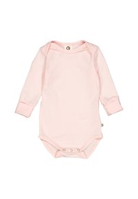 Pitkähihaiset vaaleanpunaiset bodies, jotka on valmistettu pehmeästä kankaasta. Siinä on pyöreä kaula-aukko, nepparihaalari alhaalla ja hihansuissa resorit.
