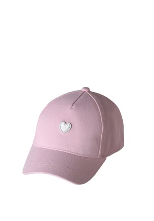 Pink baseball cap with a small white heart embroidered on the front center, curved brim, and stitched panel design.