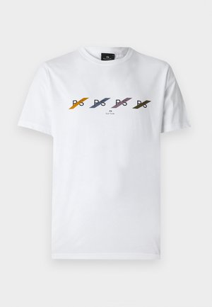 White cotton t-shirt featuring a horizontal logo design with colorful diagonal stripes in yellow, blue, purple, and green.