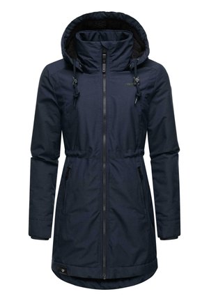 Veste parka bleu marine avec une fermeture éclair à l'avant, capuche réglable et taille avec cordon de serrage. Caractéristiques de deux poches latérales zippées et d'une doublure douce.