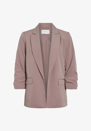 Light mauve blazer with a notched collar, open front, and two front pockets; features three-quarter length sleeves and a smooth texture.