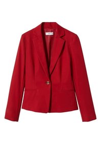 Blazer rosso progettato con chiusura a un solo bottone, rever a punta e due tasche frontali. Tessuto liscio con una silhouette su misura e strutturata.