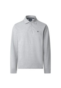 Vaaleanharmaa pitkähihainen poolopaita, jossa on kaulus, kolmella napilla varustettu rintalista ja pieni musta logo rinnassa.