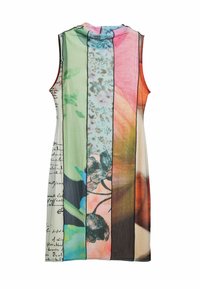 Ärmelloses Kleid mit gestreiften Panels in verschiedenen Farben: grün, rosa, orange, mit floralem Muster und handgeschriebenen Textdetails.