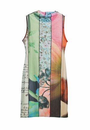 Šaty bez rukávů s pruhovanými panely v různých barvách: zelené, růžové, oranžové, s květinovými vzory a ručně psanými detaily.