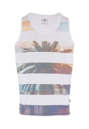 White tank top featuring horizontal stripes with a palm tree graphic, using soft colors like pink, blue, and green. Made of cotton material.