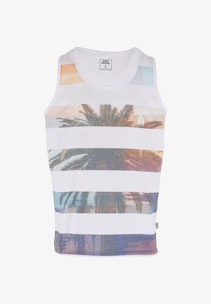 Fehér ujjatlan felső vízszintes csíkokkal és egy pálmafával díszítve, lágy színekkel, mint a rózsaszín, kék és zöld. Pamut anyagból készült.