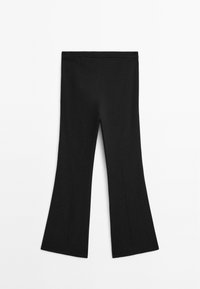 Zwarte high-waist, wijde broek met een subtiele naad aan de voorkant, plat weergegeven op een witte achtergrond.