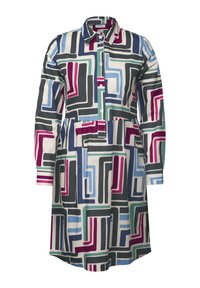 Bunt gemustertes Hemdkleid mit geometrischen Mustern in Blau, Grün, Bordeaux und Schwarz. Verfügt über eine Knopfleiste vorne und lange Ärmel. Aus Baumwollmaterial.