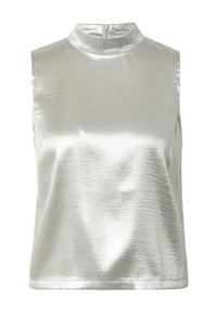 Metalen zilveren mouwloos topje met een hoge hals, een gladde textuur en een ritssluiting aan de achterkant. Eenvoudig, minimalistisch ontwerp.