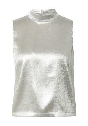 Metallisch silbernes ärmelloses Oberteil mit hohem Kragen, glatter Textur und Reißverschluss im Rücken. Einfaches, minimalistisches Design.