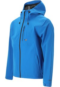 Sininen vedenpitävä takki hupulla, jossa on mustat vetoketjut, säädettävät kiristysnauhat ja tyylikäs muotoilu. Pieni rintatasku kuuluu pakkaukseen.