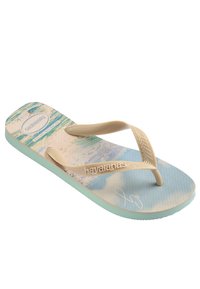 Havaianas flip-flopit, jossa on teksturoitu mintunvihreä pohja, kermaiset hihnat ja jalkaterään painettu ranta-aiheinen kuvio. Sisältää logon yksityiskohtia.