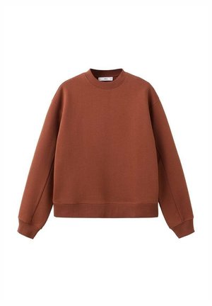 Sweat-shirt marron à manches longues avec col rond, poignets et bas côtelés, présenté sur un fond blanc uni.