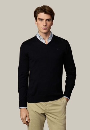 Jonge man met een zwarte V-hals trui over een lichtblauw overhemd en beige broek, staand tegen een effen achtergrond.