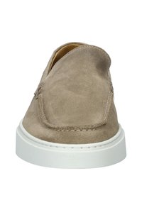 Suede beige slip-on shoe with a rounded toe, white rubber sole, and visible stitching details along the edges. Smooth texture, minimal design.