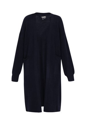 Cardigan aperto lungo di un blu navy scuro con trama a coste, maniche lunghe e due tasche a toppa frontali.