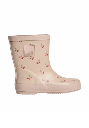 Bota de lluvia de goma rosa con textura lisa, con patrón de cerezas y etiqueta cuadrada. Suela texturizada para agarre, diseño de altura baja.