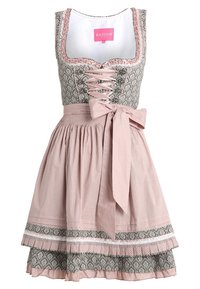 Robe à motifs rose et noir avec un corsage à lacets, jupe évasée, texture à pois, et ceinture en ruban. Détails en dentelle et volants.