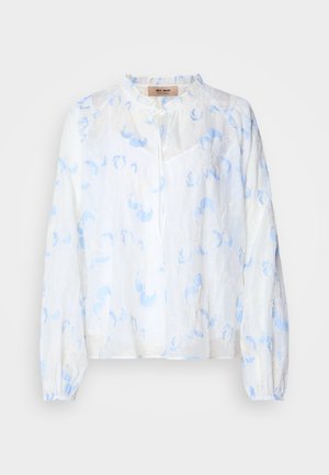 White blouse with light blue floral embroidery, relaxed fit, round neckline, and long sleeves with gathered cuffs. Lightweight fabric.