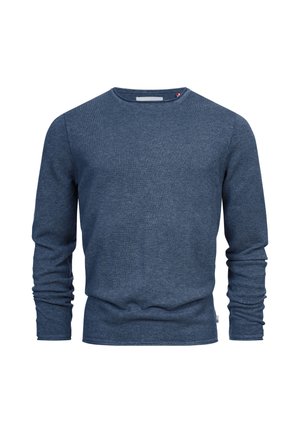 Maglione a maniche lunghe blu navy realizzato in un tessuto strutturato, con scollatura rotonda e dettagli di cucitura sottili. Vestibilità casual con polsini e orlo a coste.