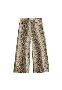Pantalones de pierna ancha en una tela beige claro con un patrón de estampado de leopardo en tonos marrón, negro y dorado. Cuenta con bolsillos frontales y cierre de botón.