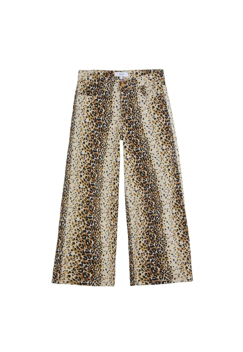 Pantalones de pierna ancha en una tela beige claro con un patrón de estampado de leopardo en tonos marrón, negro y dorado. Cuenta con bolsillos frontales y cierre de botón.