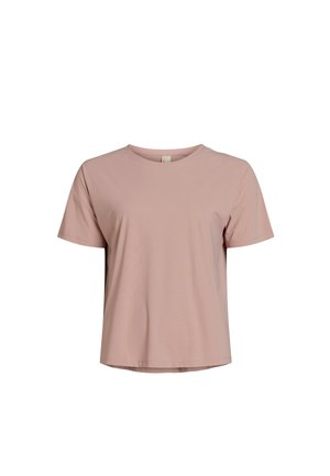 Tricou scurt cu mânecă scurtă, de culoare roz deschis, realizat dintr-un material moale; are un decolteu rotund și o croială lejeră, fără modele sau accente vizibile.