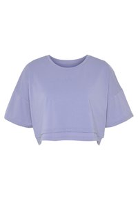 Short-sleeve cropped t-shirt in soft lavender cotton. Features a round neckline and subtle embroidered "LA" at the front. Smooth texture.