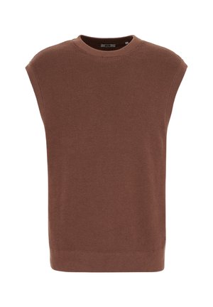 Brun ærmeløs sweater lavet af struktureret strikket materiale med rund halsudskæring og ribbet kant. Basis, uden dekorationer.