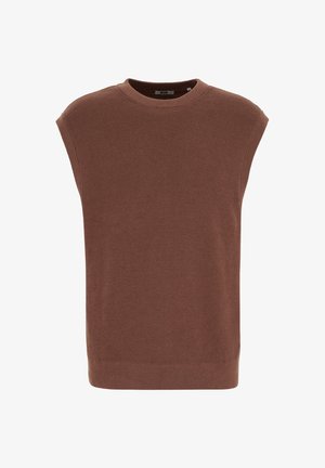 Pruun ilma varrukateta sviiter, valmistatud tekstuurses kootud materjalis, ümmarguse kaelusega ja ribaga äärega. Lihtne, kaunistusteta disain.