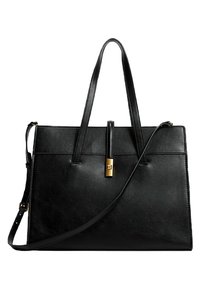 Černá kožená taška přes rameno s dvěma horními uchy, nastavitelného ramenního popruhem, plochým dnem a detailem zlatého klipu na přední straně.