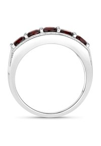 Silberring mit fünf ovalen, tiefroten Edelsteinen, die in einem erhöhten Krappenarrangement gefasst sind, dazu ein polierter Ringbund und subtile Strukturen auf der Unterseite.