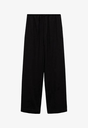 Zwarte wijde broek met een elastische tailleband en een trekkoord, gemaakt van zachte stof, met een gladde textuur en geen extra patronen.