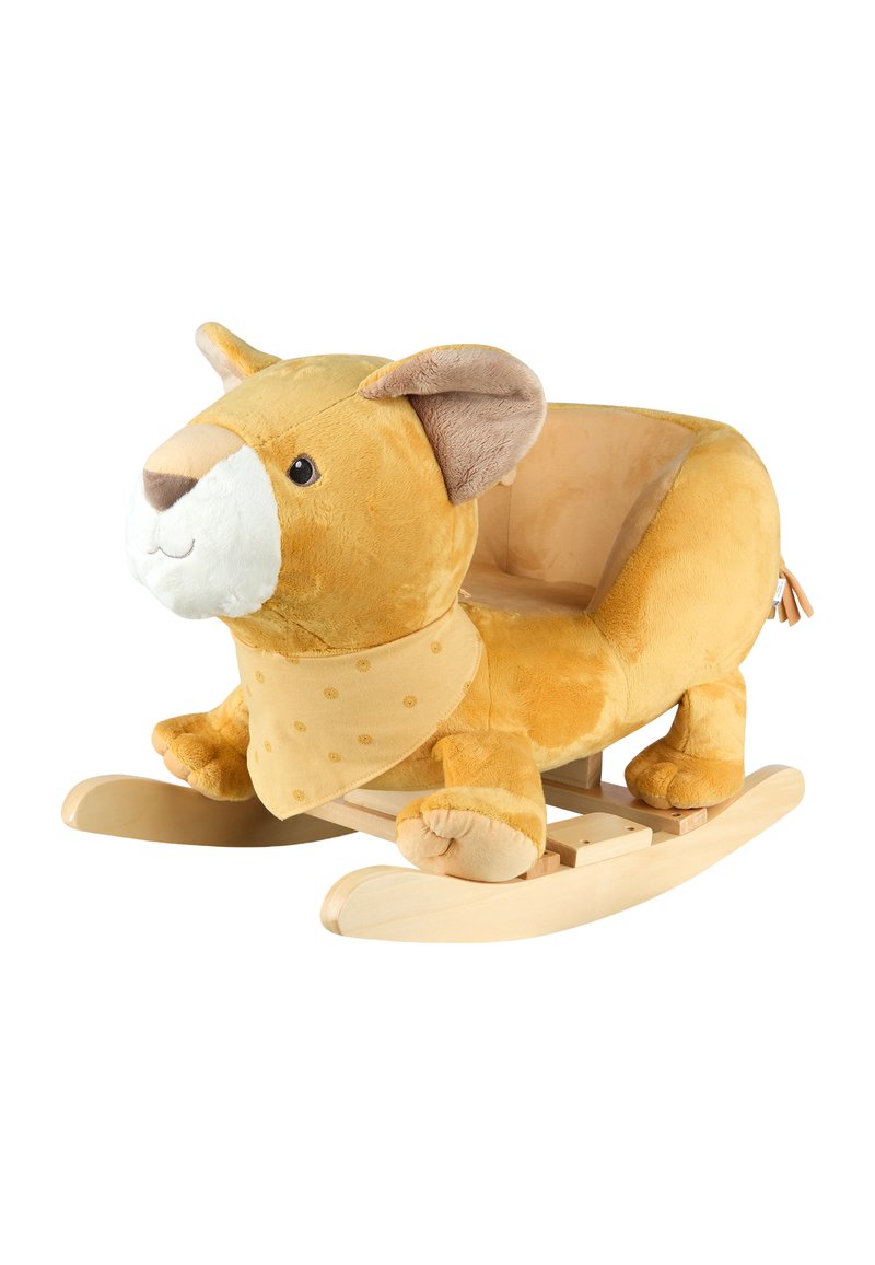 Kuschelndes Schaukel-Löwe aus weichem gelben Stoff mit braunen Akzenten, ausgestattet mit einem gepunkteten Schal und Holzschaukeln für Stabilität.