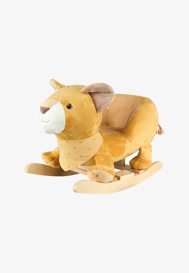 Kuschelndes Schaukel-Löwe aus weichem gelben Stoff mit braunen Akzenten, ausgestattet mit einem gepunkteten Schal und Holzschaukeln für Stabilität.