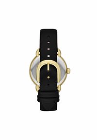 Rund klocka med en klar urtavla, guldtonade detaljer och ett svart läderarmband med spänne och flera hål för justering.