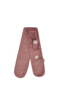 Soft pink fleece scarf with a rectangular shape, featuring a textured surface and two square accents for secure fastening.