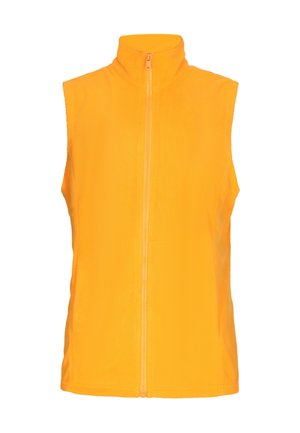 Hihaton liivi kirkkaan keltaisesta fleece-materiaalista, jossa on korkea kaulus ja vetoketju keskellä edessä. Luja pinta ilman ylimääräisiä kuvioita tai varusteita.
