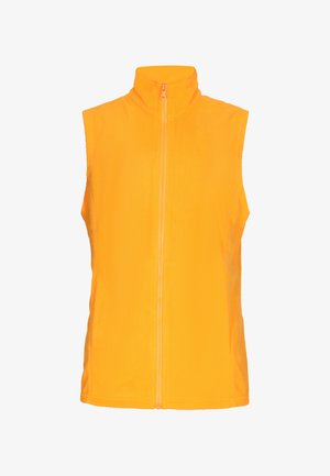 Ærmeløs vest i lys gul fleece, der har en høj krave og en lynlås foran. Glat tekstur uden yderligere mønstre eller hardware.