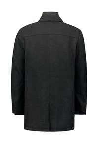 Zwarte wollen overjas met een enkele rugingang, gestructureerd henneppatroon en een klassiek kraagontwerp. Heeft een recht gesneden silhouet.