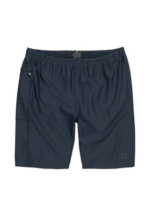 Marineblauwe herenzwemshort met elastische tailleband, zijritsvak en klein merkembleem nabij de linker zoom.