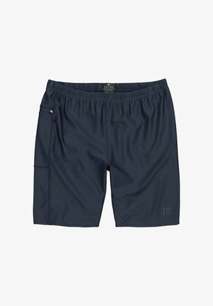 Marineblå herrebadeshorts med elastisk linning, sidelomme med lynlås og lille mærkelogo nær venstre kant.
