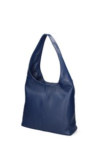 Borsa hobo blu in pelle con una texture morbida e una tracolla ampia. Presenta un design semplice e arrotondato senza hardware o motivi visibili.